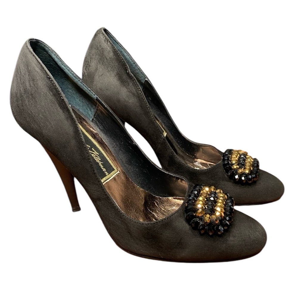 Vintage Beverly Feldman Women’s Sz 7 Black/ Gold Rhinestones Suede 4”Heel Pumps